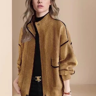 欧美名媛高级感风衣，秋季2023女装黄色，条纹立领工装风夹克外套