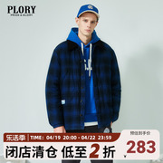 plory2023春季翻领棉衣，男士宽松格子，加厚短款保暖外套