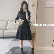 yumei2021春夏黑色港风朋克连衣裙，套装气质ol感a字型伞裙