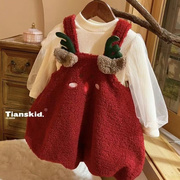 韩系女宝宝连衣裙圣诞2023冬装，女童加绒泡泡，袖打底衫儿童公主裙两