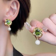 波西米亚绿宝石耳钉女s925纯银短款珍珠耳饰妈妈款耳环不规则复古