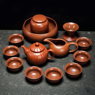 朱泥紫砂功夫茶具套装，家用原矿泥泡茶壶茶杯整套泡茶器纯色中式风