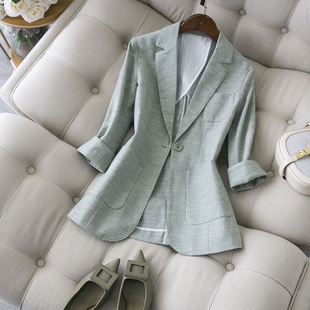 日式夏季西装女薄款外套小个子抹茶绿西服清新百搭七分袖上衣