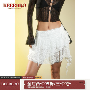 BeerBro 设计感蕾丝半裙2024春季ins辣妹风裤里打底网纱短裙