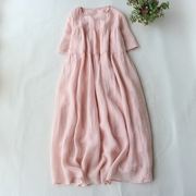 森女系苎麻宽松连衣裙，简洁文艺蛋糕裙，短袖飘逸大摆裙夏季纯色长裙