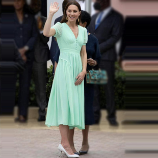 凯特王妃明星同款女装夏季优雅气质修身中长款绿色雪纺连衣裙