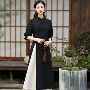 离思夏季季新中式文艺复古黑色，连衣裙改良日常法式优雅旗袍茶服