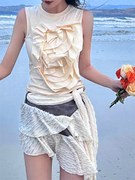 Y2K小众设计 奶油ins风夏季不规则半身短裙花朵无袖背心T恤潮套装