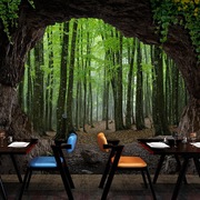 3d立体墙布背景墙山洞大自然，视觉延伸墙纸餐饮店，茶室定制森林墙布