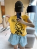 智研韩国夏季纯棉亮黄色涂鸦邪恶小女孩小垫肩，无袖露背设计t恤