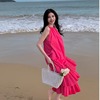 玫红色宽松气质吊带百褶连衣裙三亚海边氛围感沙滩长裙飘逸仙女裙