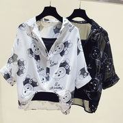 夏季雪纺衫女2022蝙蝠袖韩版显瘦套头衬衫两件套上衣打底衫潮
