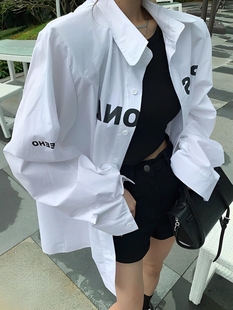 2023年春季韩版中长款字母垫肩设计感衬衫女宽松百搭情侣衬衣