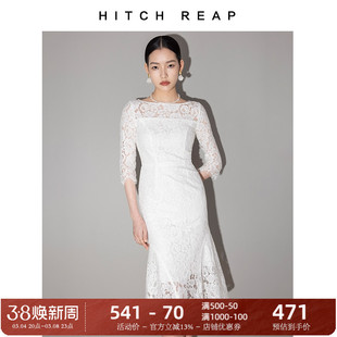 希区高端白色连衣裙女春季2024年原创设计蕾丝法式气质鱼尾裙
