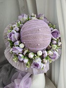 淡紫色玫瑰春夏麻纱新娘伴娘礼服配饰帽遮阳拍照度假旅游礼物