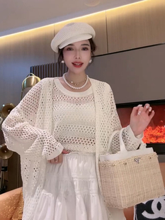 韩版中长款开叉镂空罩衫女复古设计感气质显瘦百搭针织防晒两件套
