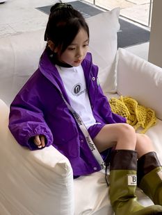 tckids2024春款童装c位紫色中性款印花图案外套夹克+短裤套装