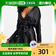 香港直邮潮奢asos女士设计缎面，蝙蝠袖迷你系扣前襟绑带连衣裙()