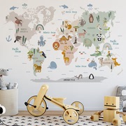 幼儿园儿童房卧室背景墙，装饰墙贴房间墙面，卡通版世界地图贴纸布置