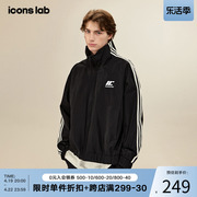 iconslab胶印logo条纹休闲夹克黑色，百搭拉链长袖运动情侣外套潮