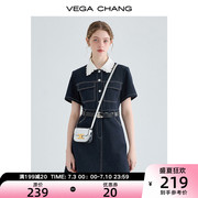 VEGA CHANG牛仔连衣裙夏季女2023年法式蕾丝娃娃领衬衫裙子