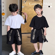 新中式童装 儿童提花飘带短裤24夏款男童百搭纯色宽松黑白短袖t恤