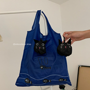 馨帮帮杂货铺 创意卡通小黑猫超市购物袋可折叠便携大容量环保袋