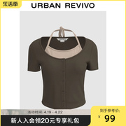 UR2024夏季女装时尚设计感撞色假两件系带短袖T恤UWV440137