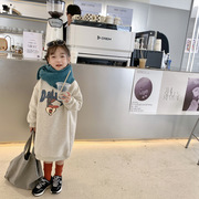 女童中长款加绒卫衣裙冬季儿童韩版潮卡通印花保暖套头绒衫