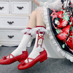 Lolita袜子可爱洛丽塔甜美蕾丝花边蝴蝶结中筒棉袜红色少女公主袜