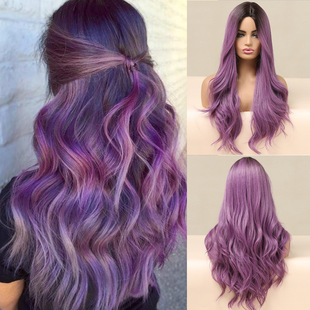 欧美中分渐变紫大波浪长卷发全头套假发女purple crimp long wigs