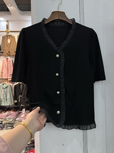 黑色短袖冰丝开衫2024夏季时尚，洋气蕾丝花边小衫半袖小版上衣