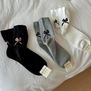 灰色蝴蝶结袜子女芭蕾风中筒袜纯棉，后跟长筒薄款春秋，款春夏堆堆袜