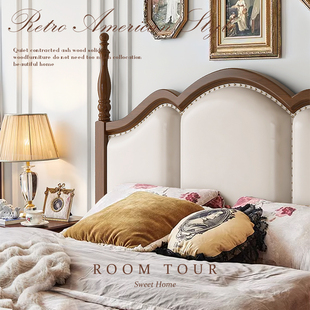 简美风美式实木床头软包1.5米1.8米双人床复古法式床轻奢婚床主卧
