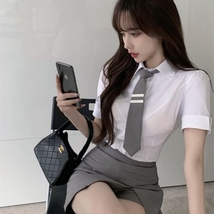 韩式校园风jk制服套装，女甜辣短袖白色衬衫，女纯欲学院短款领带衬衣