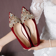 红色结婚鞋女平底2023年低跟秀禾服新娘，鞋婚纱两穿孕妇不累脚