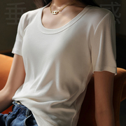 韩版夏天白色短袖t恤女修身基本款，螺纹圆领上衣纯色打底衫ins