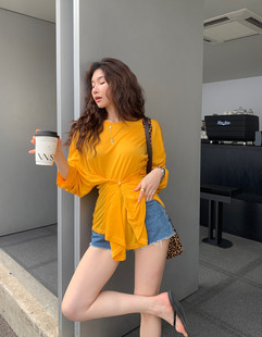 All in夏季韩国时尚设计感面膜防嗮上衣不规则圆领长袖纯色T恤女