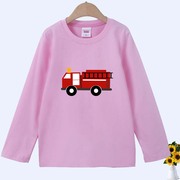 卡通消防车儿童装女童洋气粉红色长袖男童纯棉圆领T恤衫春秋5
