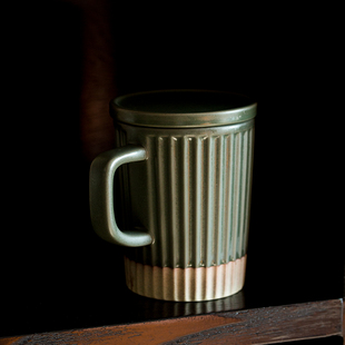 日系复古粗陶马克杯带盖办公室，水杯泡茶杯咖啡，杯盖杯家用陶瓷杯子