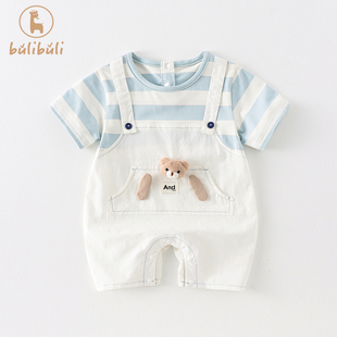 韩版婴儿衣服夏装男宝宝假两件连体衣夏季薄款短袖新生儿哈衣爬服