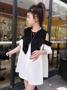 韩版露肩衬衫女夏设计感小众2024宽松减龄中长款短袖洋气上衣