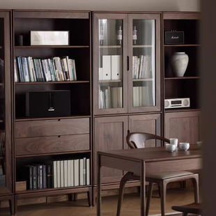北美黑胡桃木带门组合书柜，新中式实木书柜，落地柜现代简约书架