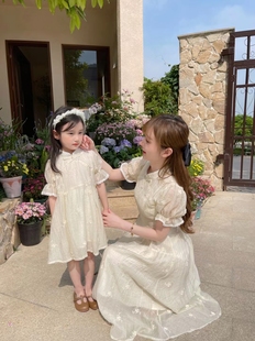 新中式儿童旗袍裙泡泡袖亲子母女装女童夏装连衣裙淑女高腰长裙