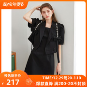三彩2022秋季黑色两件套连衣裙短款西装领外套，短袖上衣气质女