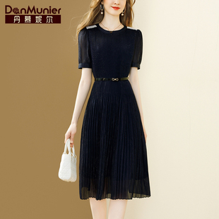 丹慕妮尔藏蓝色亮丝高级感连衣裙女夏季气质压褶中长裙子