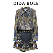 DIDA镶钻翻领定位印花拼蕾丝长袖衬衫短裤气质两件套装0219300107