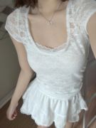brandybm白色蕾丝短袖t恤女夏季正肩性感短款紧身显瘦甜辣妹上衣