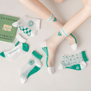 袜子女绿色中筒水晶玻璃丝夏季薄款网眼透气ins潮蕾丝棉底袜可爱