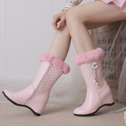 雪地靴内增高高跟中筒女白色粉红色靴子厚绒保暖棉靴毛靴大码 GT
